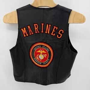 USA Leather Mens US Marines Biker Vest Black Genuine Leather Large USMC Patch